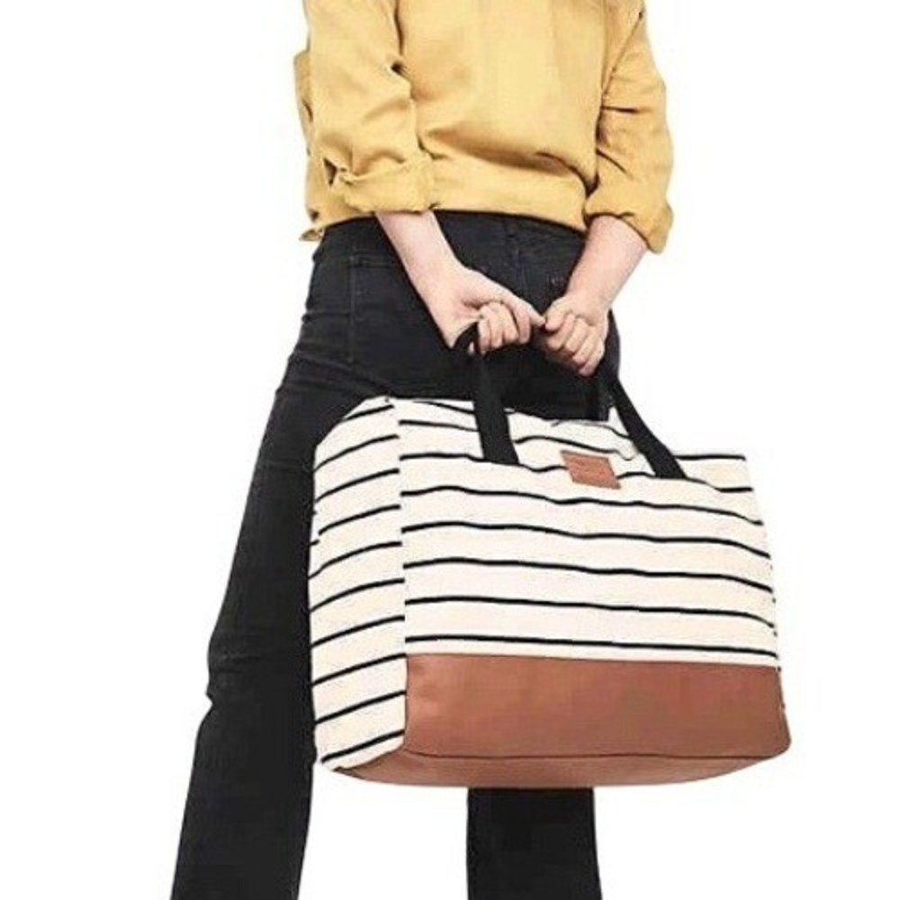 TOMS DSW Striped Canvas Tote Bag Cream Black Brown Vegan Leather Weekender Large